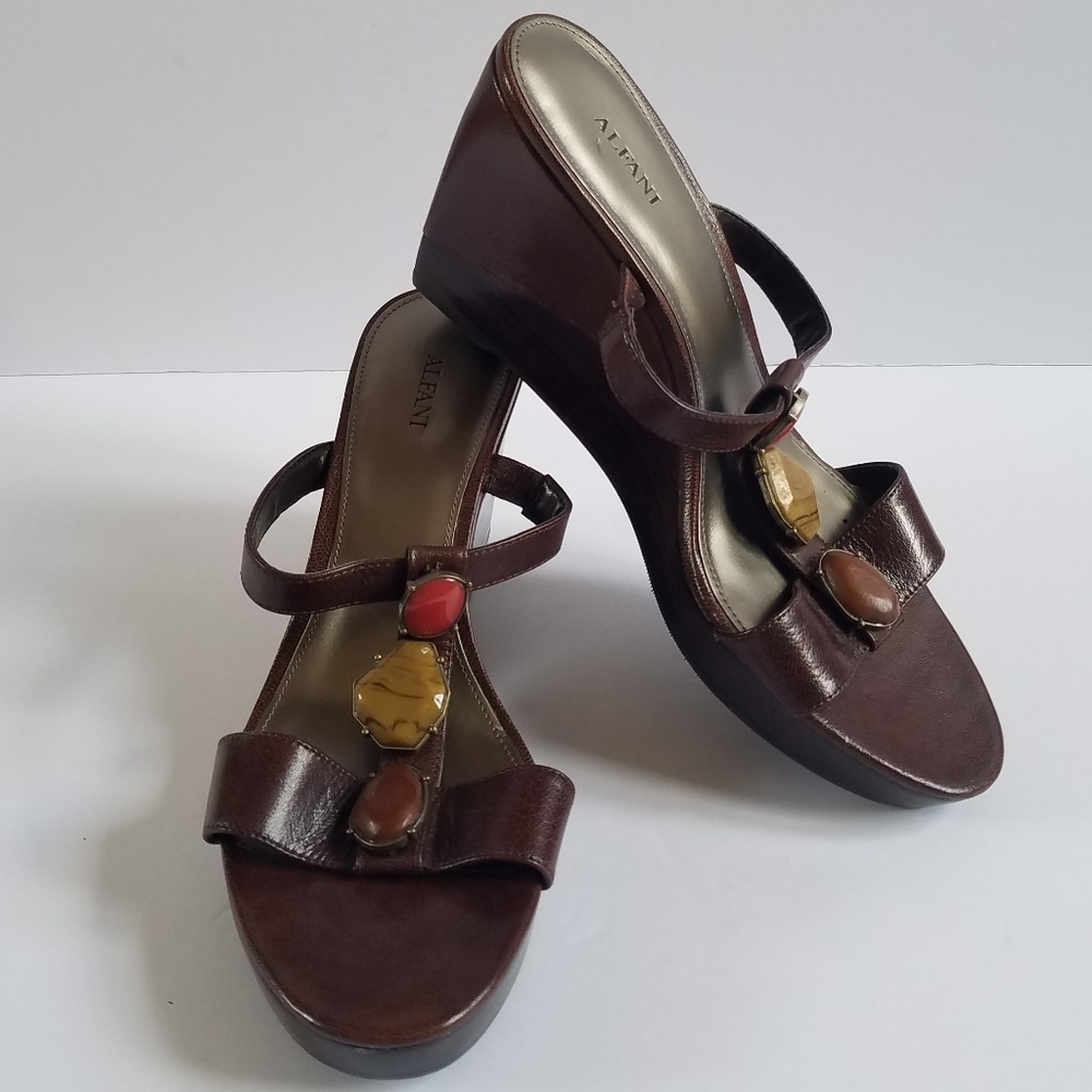 Alfani Brown Leather Embellished Wedge Sandal 10